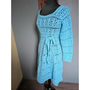 60s 70s Crochet Dress, Turquoise Blue Knit Dress